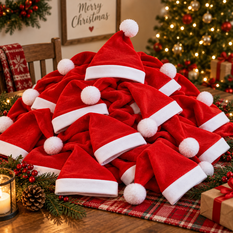 A large pile of red velvet Santa hats with white trim and white pom-poms arranged on a wooden table, with a Christmas tree, ornaments, greenery, and a lit candle in the background.