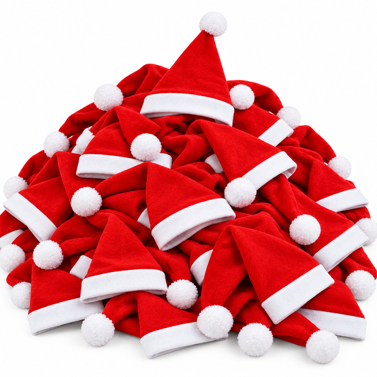 A pile of small red Santa Claus hats with white trim and white pom-poms, photographed on a plain white background.