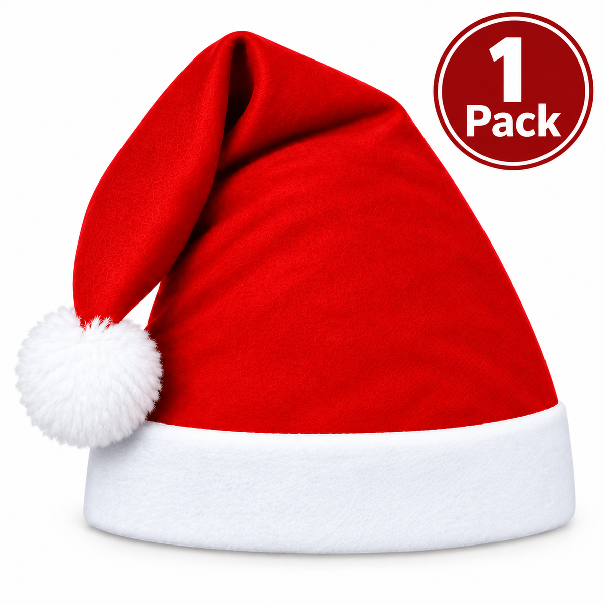 A red Santa hat with a white pom-pom and white brim, shown on a plain white background with a red circular badge in the top right that reads '1 Pack'.