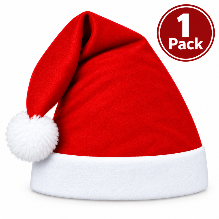 A red Santa hat with a white pom-pom and white brim, shown on a plain white background with a red circular badge in the top right that reads '1 Pack'.