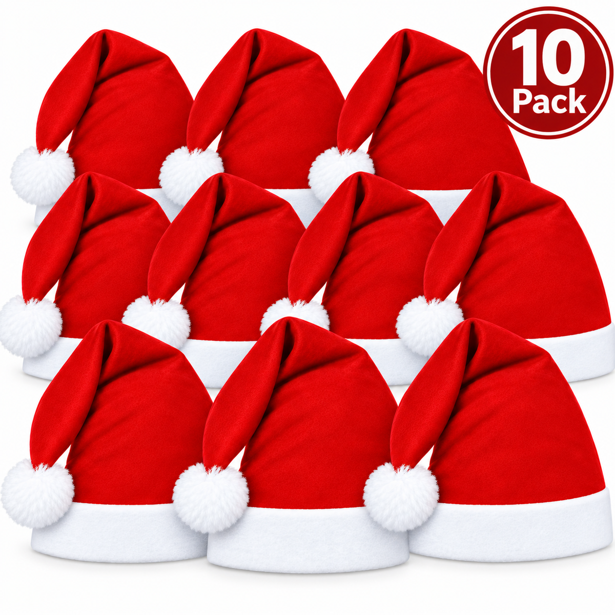Ten red and white Santa hats arranged in two rows on a white background, with a red circular badge in the top right that reads '10 Pack'.
