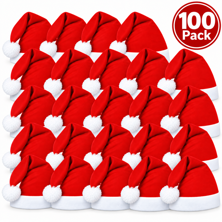 A 20-pack of red Santa hats arranged in a grid on a white background, with a red circular badge in the top right corner that reads '20 Pack'.