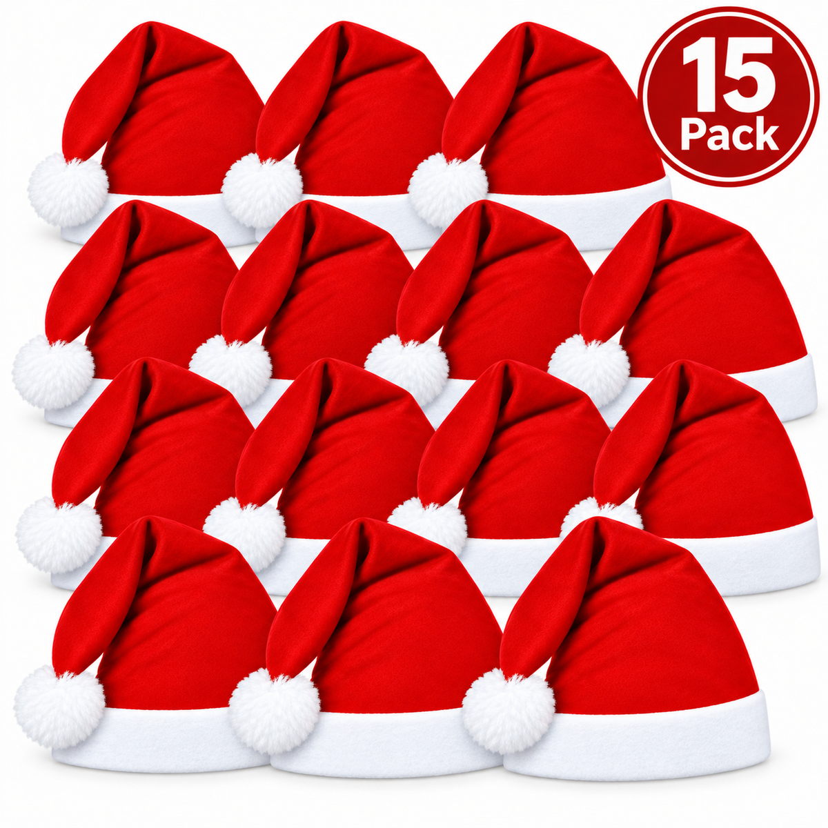 A 15-pack of red and white Santa hats arranged in a grid on a white background, with a red circular badge in the top right that reads '15 Pack'.