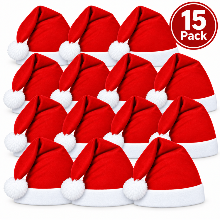 A 15-pack of red and white Santa hats arranged in a grid on a white background, with a red circular badge in the top right that reads '15 Pack'.