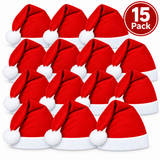 A 15-pack of red and white Santa hats arranged in a grid on a white background, with a red circular badge in the top right that reads '15 Pack'.