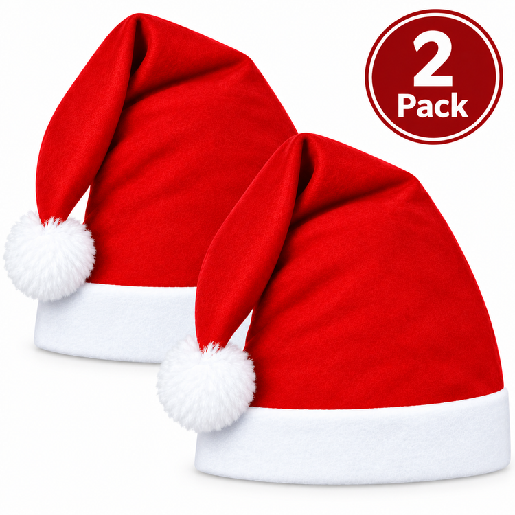 Two red Santa hats with white trim and white pom-poms, shown on a white background with a red circular badge that reads '2 Pack'.
