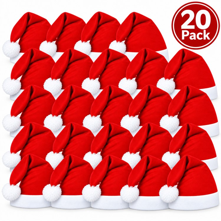 A 20-pack of red Santa hats arranged in a grid on a white background, with a red circular badge in the top right corner that reads '20 Pack'.