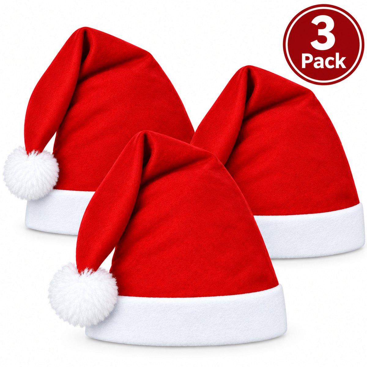 Three red Santa hats with white trim and white pom-poms, arranged together on a white background with a red circular badge in the top right that reads '3 Pack'.