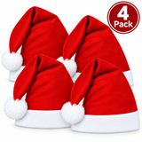 Four red Santa hats with white trim and white pom-poms, arranged together on a white background with a red circular badge in the top right that reads '4 Pack'.