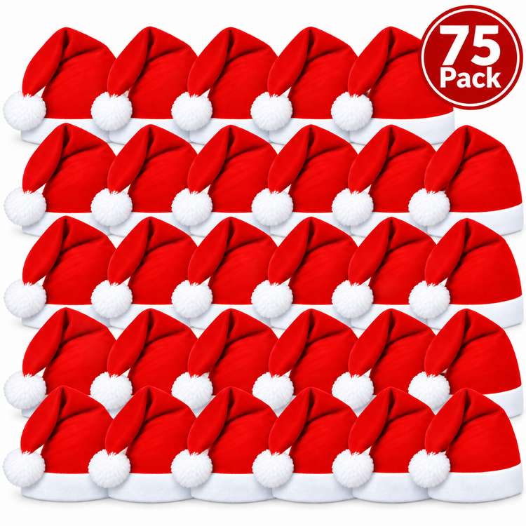 A 75-pack of red and white Santa hats arranged in a grid on a white background, with a circular '75 Pack' badge in the top right corner.