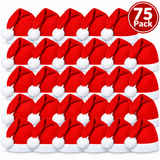 A 75-pack of red and white Santa hats arranged in a grid on a white background, with a circular '75 Pack' badge in the top right corner.