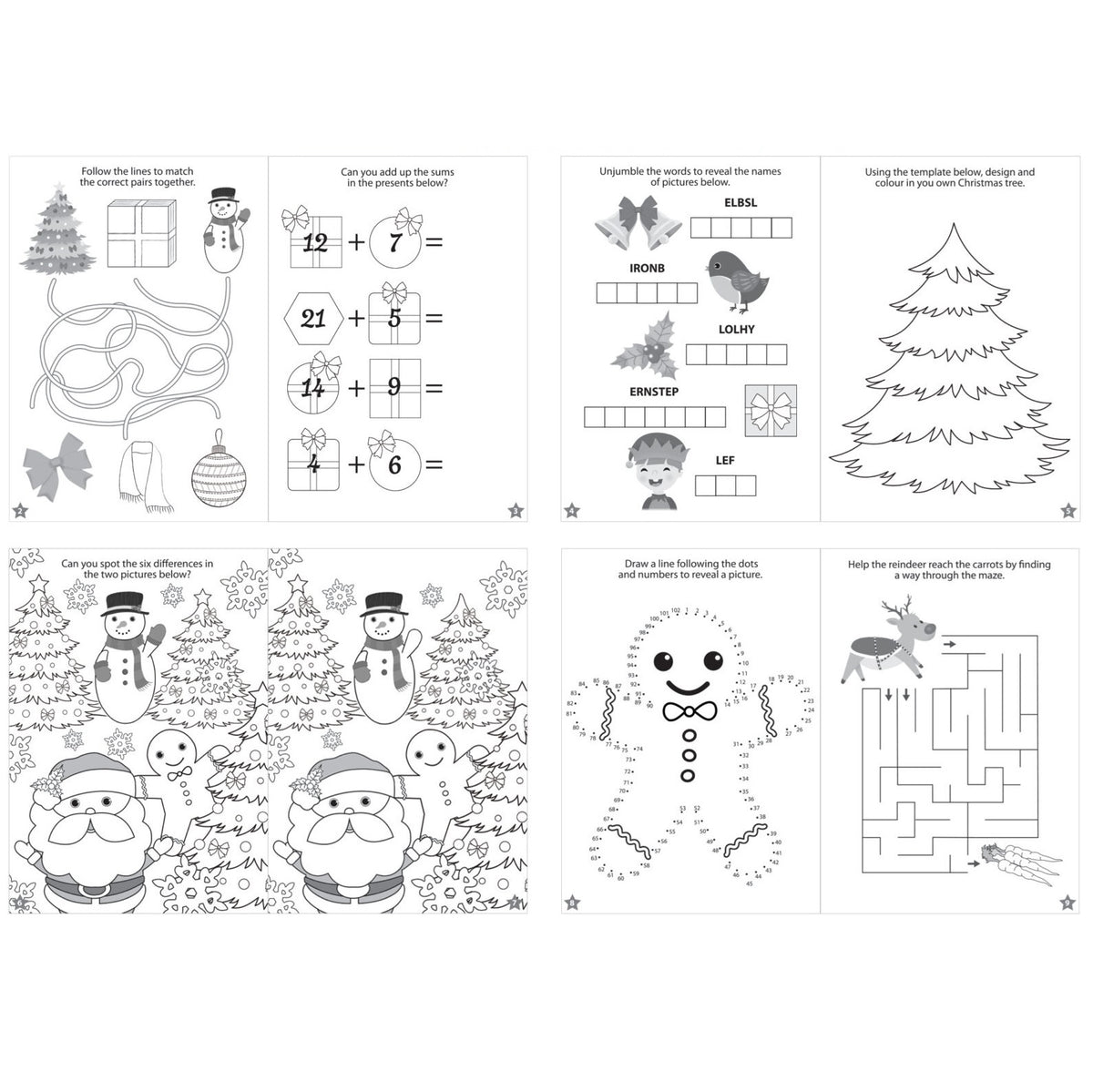 Educational Christmas worksheet with various activities on a white background
