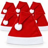 Six red Santa hats with white trim and white pom-poms, arranged in a fan-like composition on a white background.