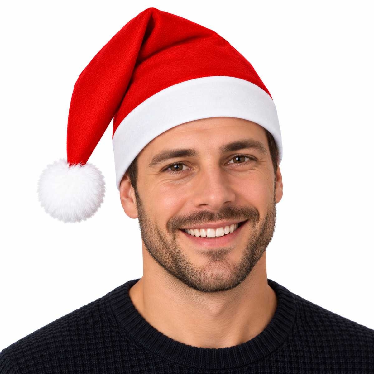 A smiling man wearing a red and white Santa hat against a plain white background.