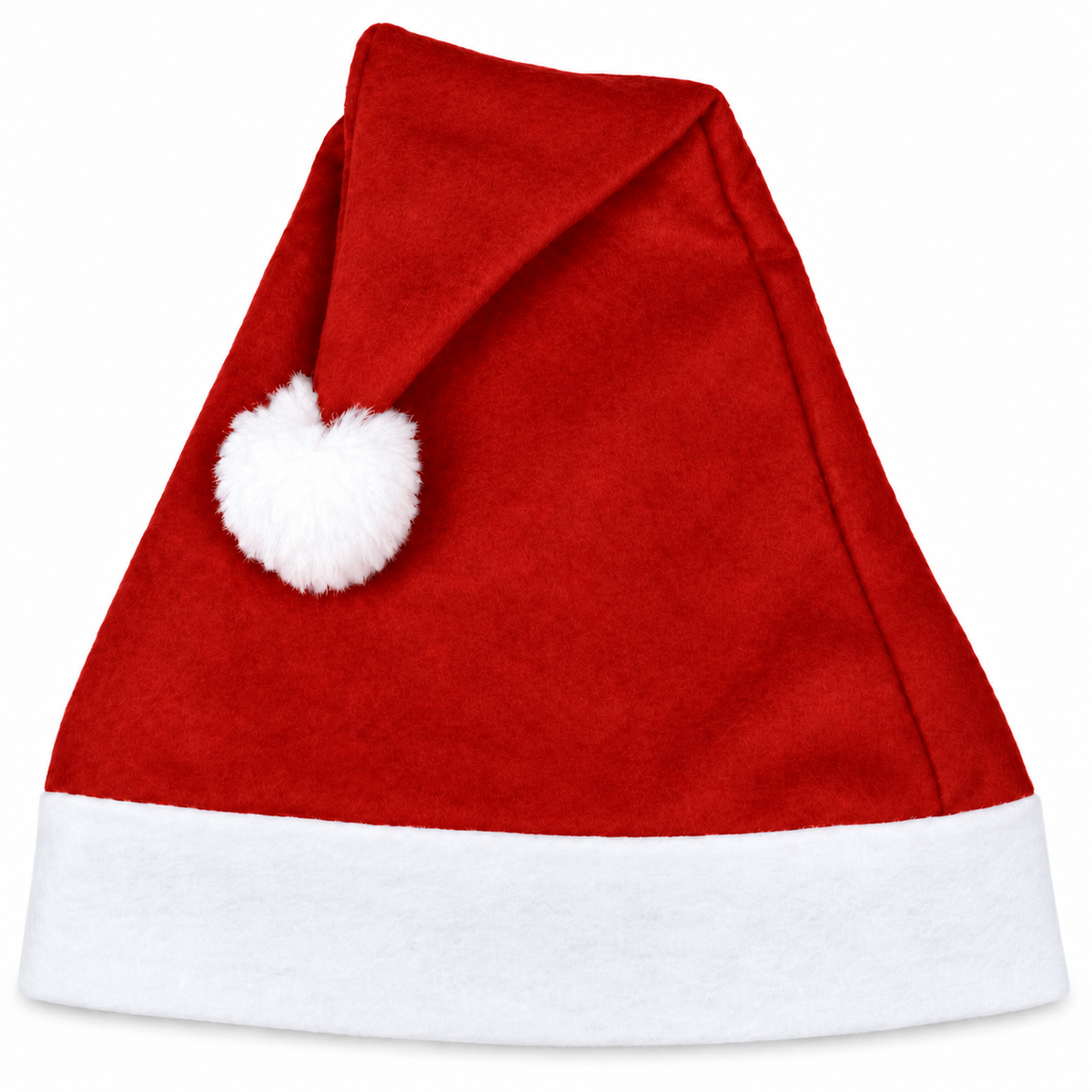 A red felt Santa hat with a white faux fur trim and a white pom-pom on the tip, shown against a plain white background.