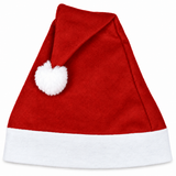 A red felt Santa hat with a white faux fur trim and a white pom-pom on the tip, shown against a plain white background.