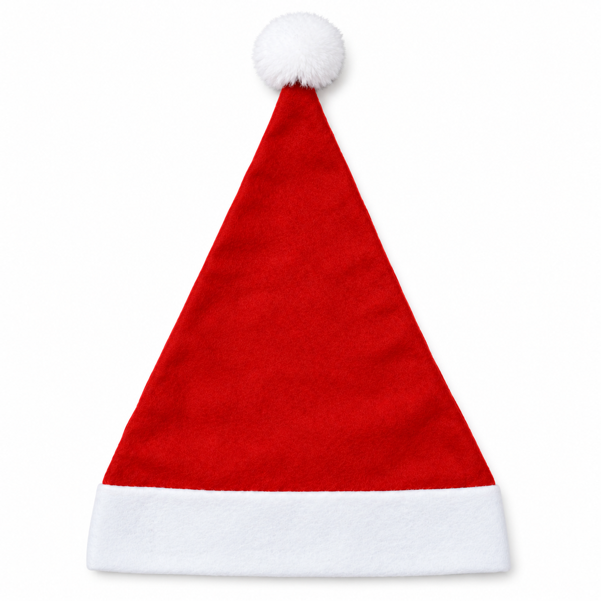 A classic red and white Santa hat with a fluffy white pom-pom on top, shown against a plain white background.
