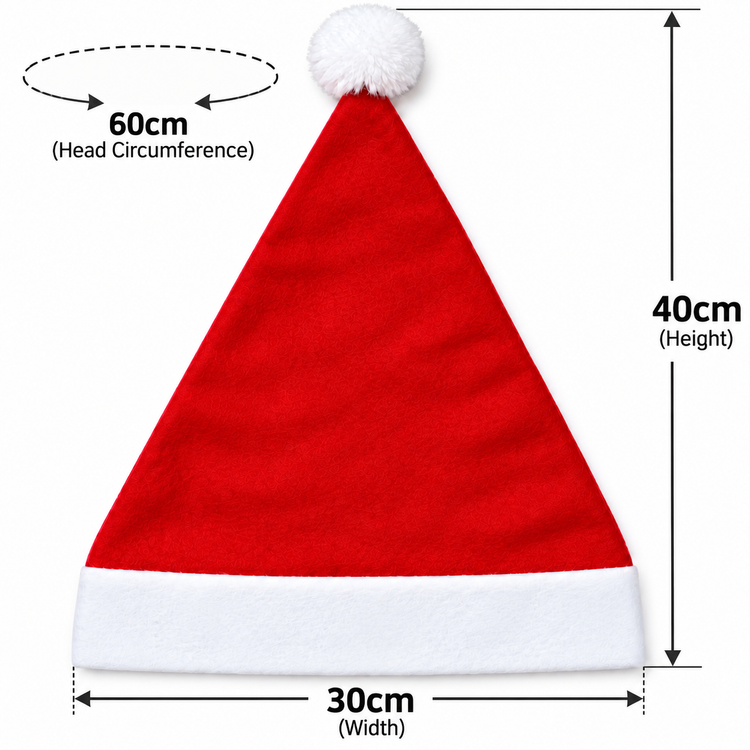 A red and white Santa hat with dimension labels showing a 60 cm head circumference, 40 cm height, and 30 cm width on a white background.