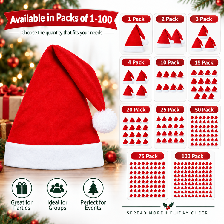 A promotional graphic for Santa hats showing a large red and white Santa hat on the left, a festive blurred holiday background, and multiple quantity options on the right labeled 1 Pack through 100 Pack. Text at the top says 'Available in Packs of 1-100' and icons at the bottom say it is great for parties, groups, and events.