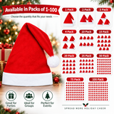 A promotional graphic for Santa hats showing a large red and white Santa hat on the left, a festive blurred holiday background, and multiple quantity options on the right labeled 1 Pack through 100 Pack. Text at the top says 'Available in Packs of 1-100' and icons at the bottom say it is great for parties, groups, and events.