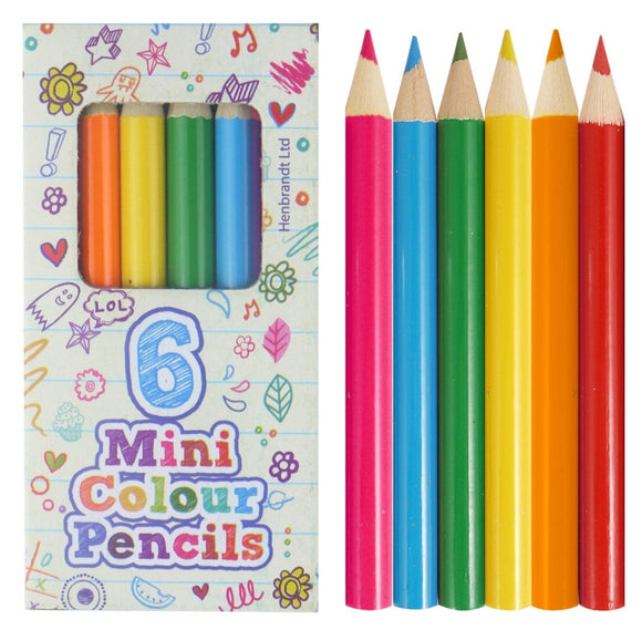 Set of six mini colour pencils with a colorful packaging design.