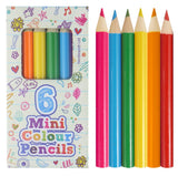 Set of six mini colour pencils with a colorful packaging design.