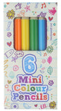 Pack of 6 mini color pencils with colorful packaging featuring doodles.