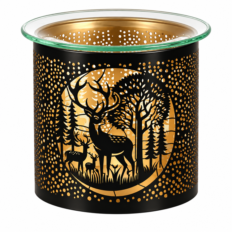 A black glass candle holder with a gold-toned interior and a laser-cut deer and forest design on the front, shown on a white background.