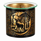 A black glass candle holder with a gold-toned interior and a laser-cut deer and forest design on the front, shown on a white background.