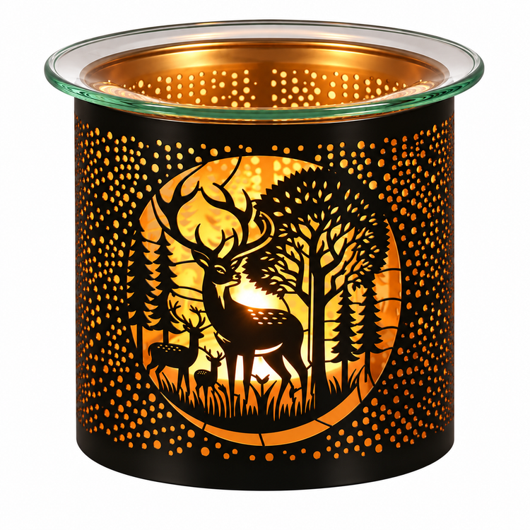 A black metal candle holder with a glass top, featuring a warm orange glow from within. The front is decorated with a black silhouette of a deer in a forest, surrounded by a circular pattern of small dots.