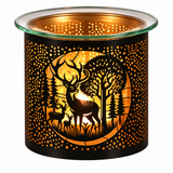 A black metal candle holder with a glass top, featuring a warm orange glow from within. The front is decorated with a black silhouette of a deer in a forest, surrounded by a circular pattern of small dots.