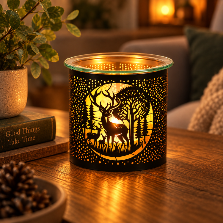 A black metal candle holder with a warm glowing yellow deer and forest cutout design, placed on a wooden table in a cozy living room setting.