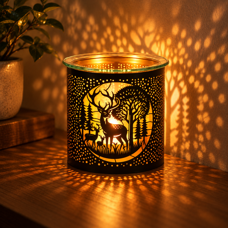 A black metal decorative candle holder with a laser-cut deer and forest design, glowing with warm yellow light on a wooden table. The light casts a dappled shadow pattern onto the wall and tabletop, with a potted plant visible in the background.