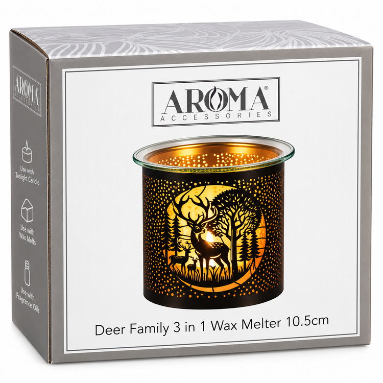 Boxed AROMA Accessories Deer Family 3 in 1 Wax Melter 10.5cm, showing the retail packaging with a printed illustration of a deer cutout design on a black container.