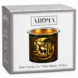 Boxed AROMA Accessories Deer Family 3 in 1 Wax Melter 10.5cm, showing the retail packaging with a printed illustration of a deer cutout design on a black container.