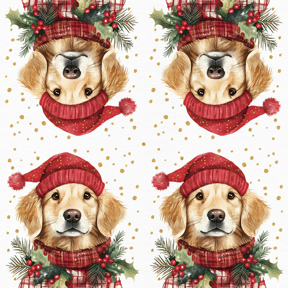 Christmas napkin of a dog wearing a red Christmas hat and scarf with gold polka dots.