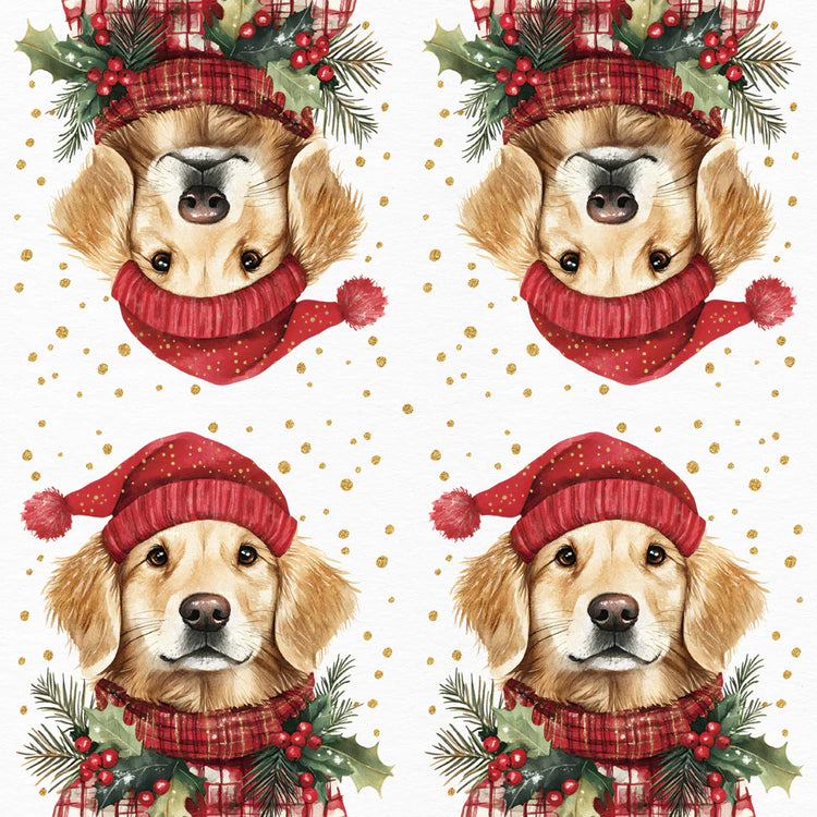 Christmas napkin of a dog wearing a red Christmas hat and scarf with gold polka dots.
