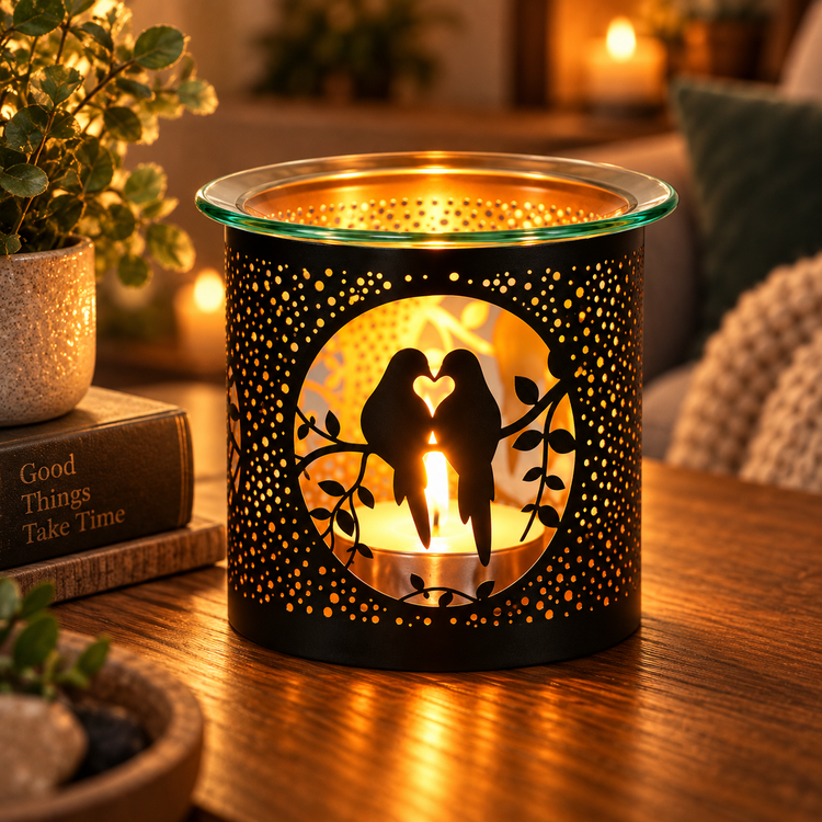 A black metal scented candle holder with a circular cutout showing two birds in a heart shape, placed on a wooden table in a cozy living room setting with warm lighting.