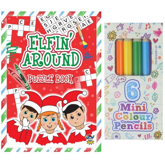 Elf-themed puzzle book and set of mini color pencils on a white background
