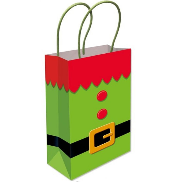 A festive elf-themed gift bag with a bright green body, red scalloped trim, a black belt, and a gold buckle detail, complete with green paper handles on a white background.