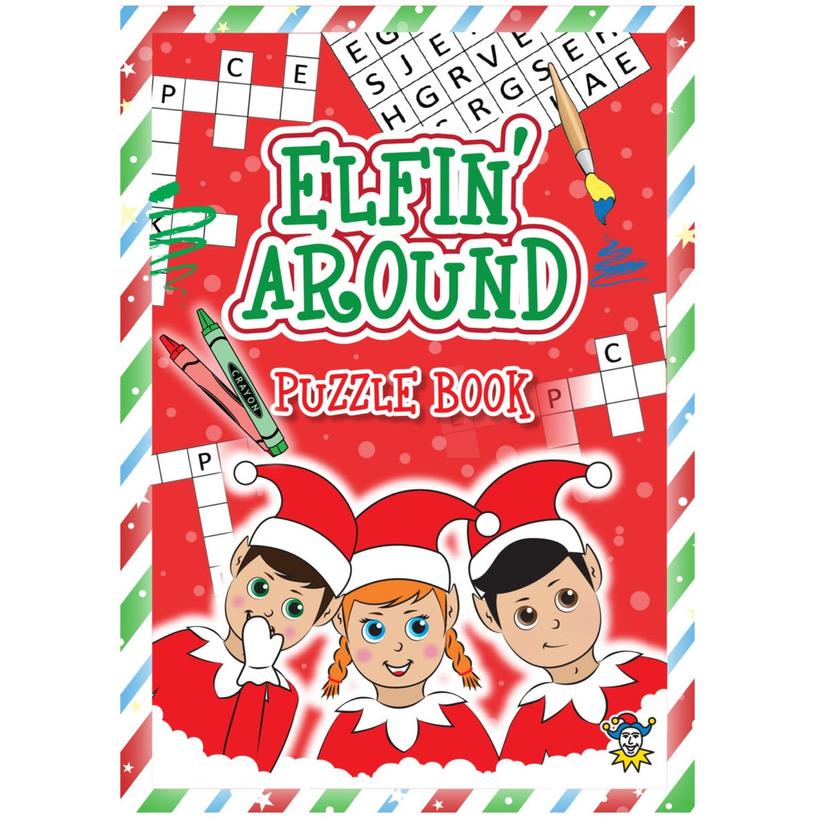Cover of a puzzle book titled 'Elfin' Around' with cartoon elves and Christmas-themed design.