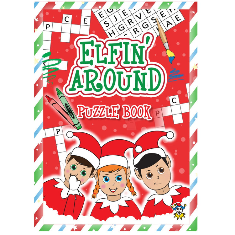 Cover of a puzzle book titled 'Elfin' Around' with cartoon elves and Christmas-themed design.