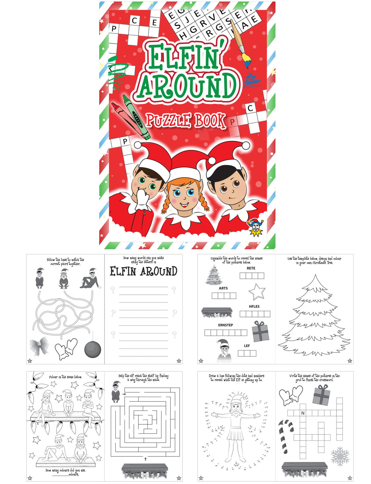 Puzzle book titled 'Elfin Around' with Christmas-themed illustrations on a white background