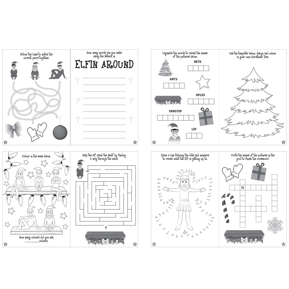 Educational worksheet with various activities for children, including a maze, crossword, and coloring, on a white background.
