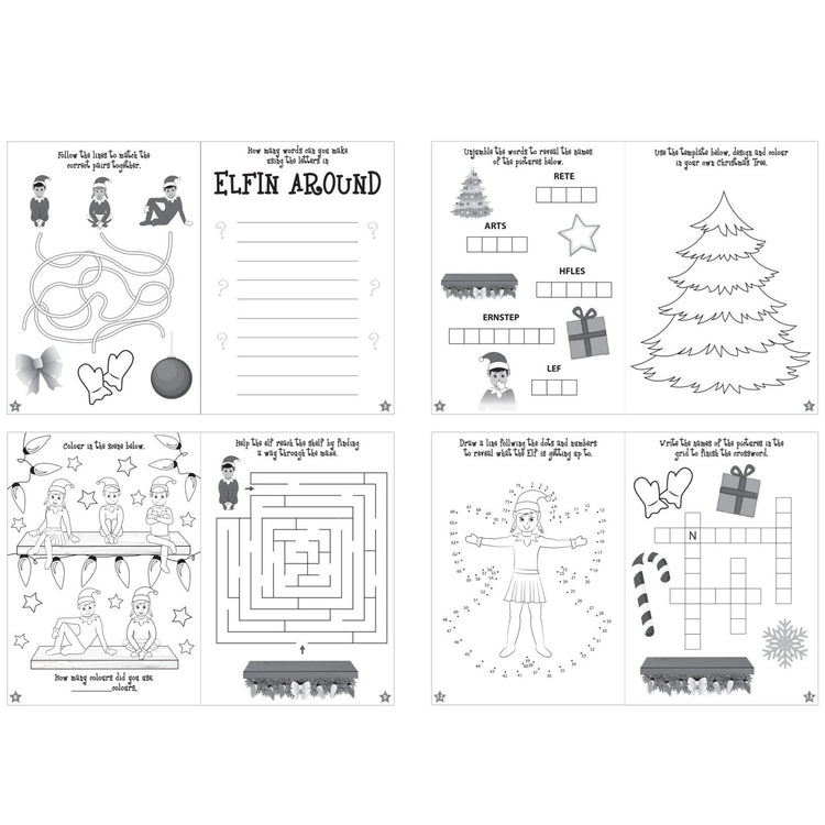 Educational worksheet with various activities for children, including a maze, crossword, and coloring, on a white background.