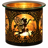 A black metal candle holder with a fairy silhouette cutout, featuring a glowing amber tea light inside and a clear glass rim at the top, shown on a white background.