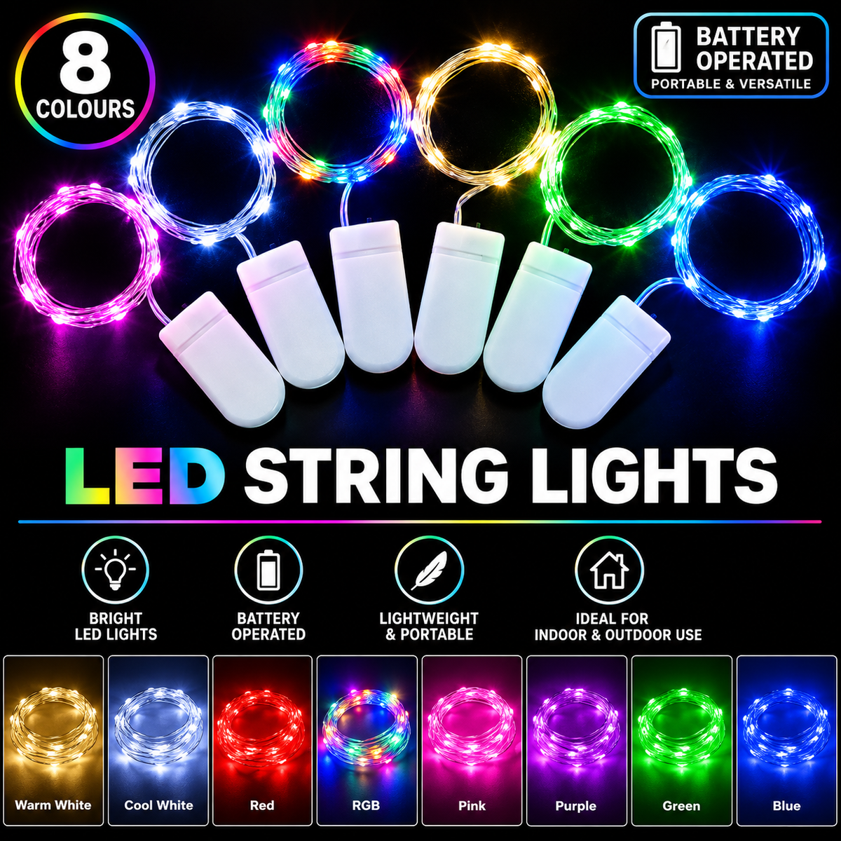 LED string lights in multiple colors, shown with white battery-operated modules and promotional text including '8 COLOURS', 'BATTERY OPERATED', and 'LED STRING LIGHTS'.