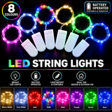 LED string lights in multiple colors, shown with white battery-operated modules and promotional text including '8 COLOURS', 'BATTERY OPERATED', and 'LED STRING LIGHTS'.
