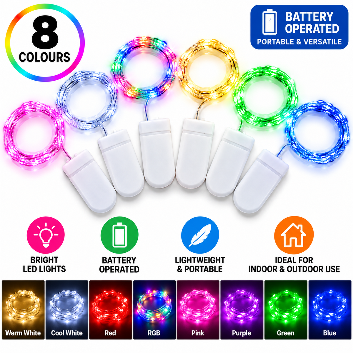 Eight coils of portable LED light strings in multiple colors, each attached to a small white battery pack, shown on a white background with promotional text and color icons.