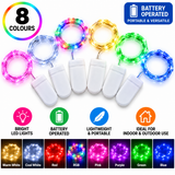 Eight coils of portable LED light strings in multiple colors, each attached to a small white battery pack, shown on a white background with promotional text and color icons.